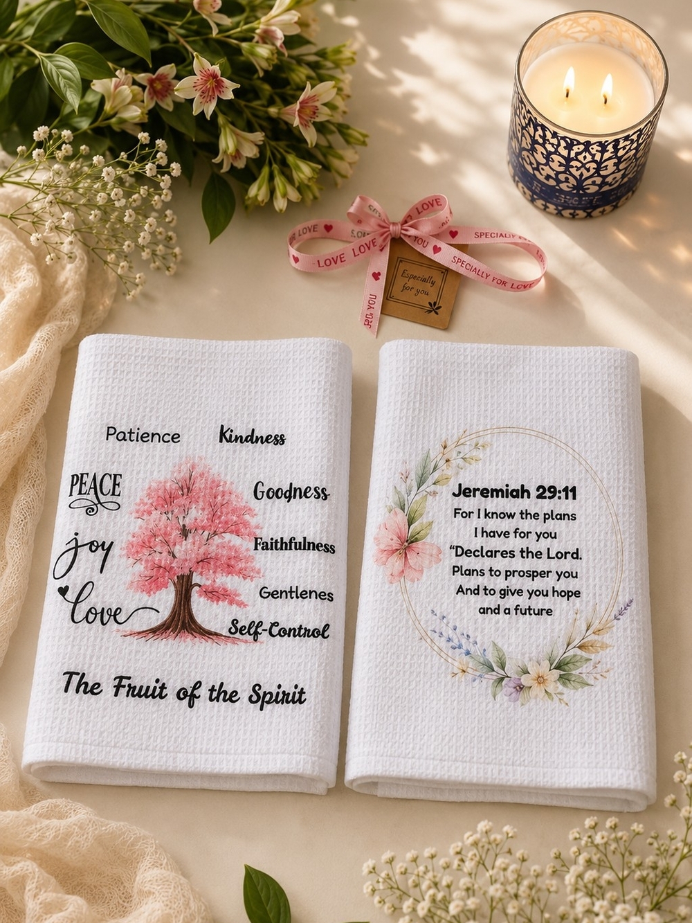 Inspirational Pink Floral Kitchen Towels - Set of 2